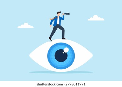 Flat illustration of businessman using telescope on giant eye symbolizing vision future planning business insight strategy and goal direction