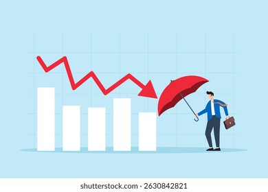 Flat illustration of businessman using umbrella to shield against declining graph or economic downturn protection crisis management and financial defense strategy