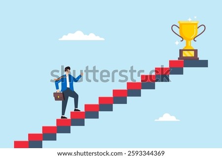 Flat illustration businessman walk up small step to reach trophy symbolizing persistence and success