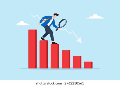 Flat illustration of businessman walking down decrease bar chart while inspecting data with magnifying glass symbolizing problem solving financial analysis business downturn and risk identification