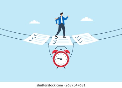 Flat illustration of businessman walking on checklist bridge suspended by alarm clock for concept of time management and task planning