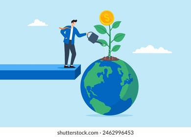 Flat illustration of businessman watering growth coin plant on globe investments global and world impact