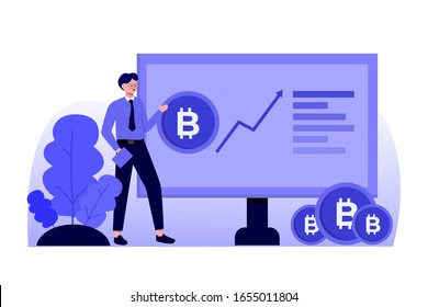 flat illustration of a businessman who is presenting his bitcoin business that has gone up significantly
