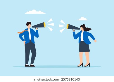 Flat illustration of businessman and woman shout through megaphone announcing job vacancy for hiring