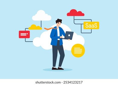 Flat illustration of businessman works on laptop engaging with cloud computing software for SaaS applications and client subscription