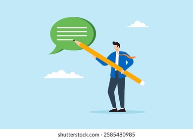 Flat illustration of businessman write message on speech bubble to communicate effectively in writing