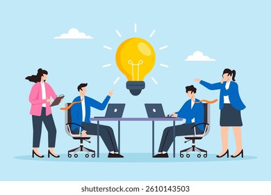Flat illustration of businessmen and businesswomen brainstorm new lightbulb idea during team meeting