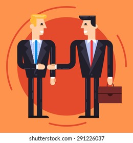 Flat illustration of businessmen shaking each other hands. Fully editable vector illustration. Perfect use in web design, plates, illustration. 