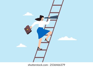 Ilustración plana de mujer de negocios escalera escalera mirando telescopio oportunidad de carrera descubrimiento de negocios en busca de nuevo trabajo visionario