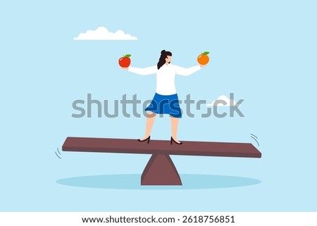 Flat illustration of businesswoman compare apple and orange while balancing on seesaw decision making choose alternative choices