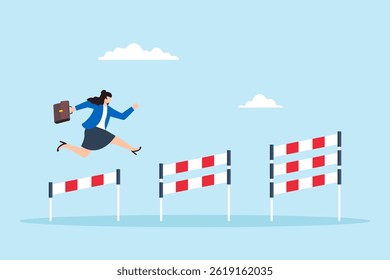 Flat illustration of businesswoman confidently jumping over hurdles to overcome career challenges and achieve success