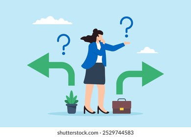 Flat illustration of businesswoman contemplates tough decisions about career path considering options and outcomes