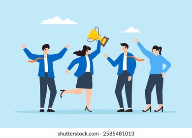 Flat illustration of businesswoman hold winning trophy with team celebrating symbolizing leadership and team success