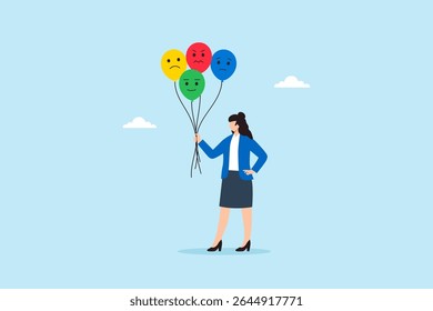 Flat illustration of businesswoman holding balloons with different facial expressions symbolizing emotional diversity mood swings and mental health awareness