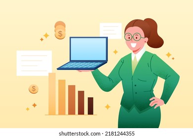 Flat illustration of a businesswoman holding laptop with bar graph, dollars, and reports on light yellow background.