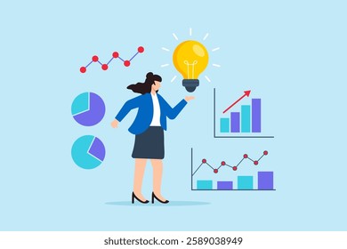 Flat illustration businesswoman present glowing lightbulb idea with charts symbolizing business strategy optimization