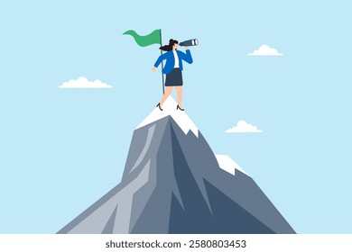 Flat illustration of businesswoman stand on mountain peak with flag binocular looking for new challenge after business achievement