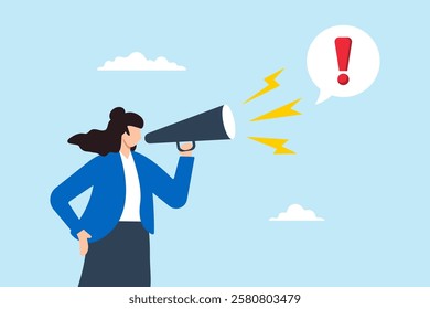 Flat illustration of businesswoman talk on megaphone with exclamation mark symbolizing important announcement