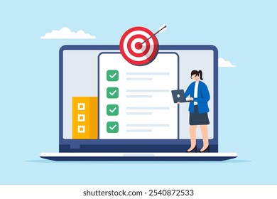 Flat illustration of businesswoman use laptop computer update checklist target for marketing campaign with bullseye