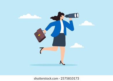 Flat illustration of businesswoman using binocular to search for new opportunities symbolizing vision for career growth