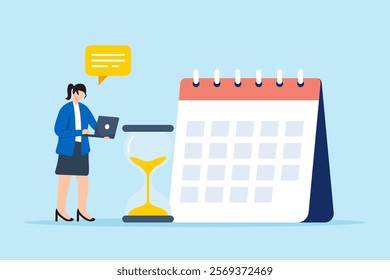 Flat illustration of businesswoman work on laptop with sandglass and calendar managing deadlines for project launch