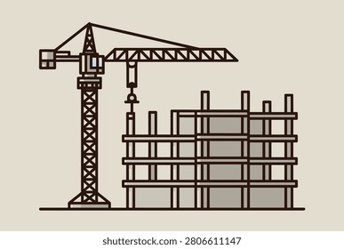 Flat illustration of a busy construction site featuring a tall tower crane building a reinforced concrete multi-story skyscraper.