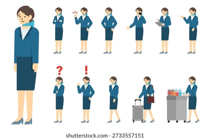 Ilustração plana: Conjunto de atendente de cabine (com expressões faciais)