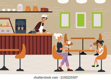 Flat illustration of a cafe. Customers sitting at a table, barista wiping down the counter