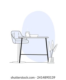 Flat illustration of cafe or home interior close up with tall table and chair with food on the table. Line art with minor light blue colour. Vector illustration