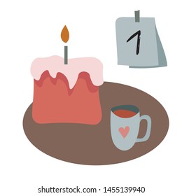 Flat illustration with cake, cup and sheet of calendar isolated on white background. In a nice Scandinavian style. Vector.
