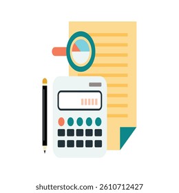 Flat Illustration of Calculator, Document, and Magnifying Glass for Business Analysis, This flat design graphic depicts a calculator, a document with lines and a magnifying glass with a pie chart.