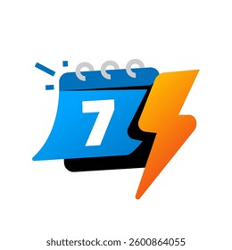Flat illustration of a calendar with the number seven and a lightning bolt, a 7 day flash sale, limited time discount, or special week offer. Perfect for marketing campaigns