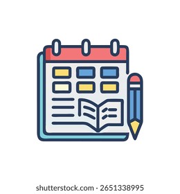 Ilustração plana de um calendário com um lápis e livro aberto significando gerenciamento de tempo, perfeito para tarefas de planejamento e agendamento.