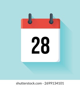 Ilustração plana de um calendário com cabeçalho vermelho exibindo o 28º dia com números pretos. Efeito de sombra em um plano de fundo azul claro.