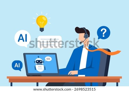Flat illustration of call center agent using AI chatbot on computer to assist customer communication through helpdesk service and generative support tools