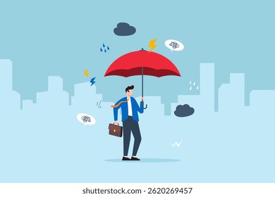 Flat illustration of calm businessman using umbrella to shield from falling criticism negativity and chaos with emotional strength and resilience