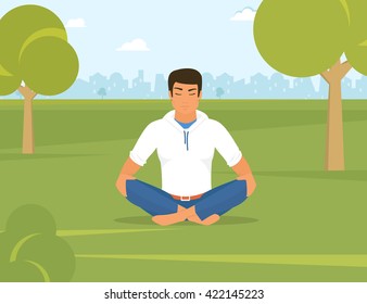 Flat illustration of calm tanned man is doing yoga and meditation in the lotus position in the park on the green field. He is relaxing and meditating alone with nature