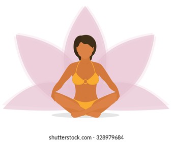 Flat illustration of calm tanned woman is doing yoga and sitting in the lotus position with pink petals of a lotus flower behind. Isolated on white background