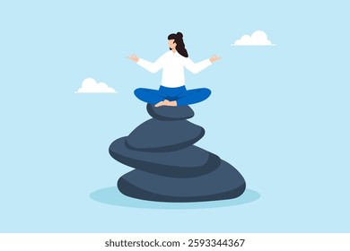 Flat illustration calm woman meditate on stacked pile of stone symbolizing mindfulness balance stability and inner peace