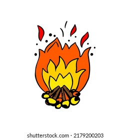 Flat illustration with campfire on white background. Cartoon illustration of fire. 