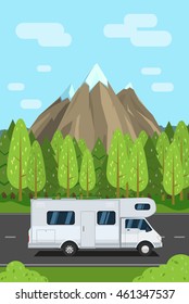 Flat illustration of camping bus, road, forest and mountains. Summer vacation, Travel