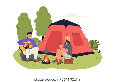 Flat Illustration of Camping Couple with Tent and Campfire in Nature. Illustrations for websites, landing pages, mobile apps, posters and banners