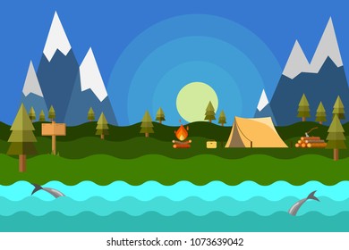 flat illustration of a camping in the mountains