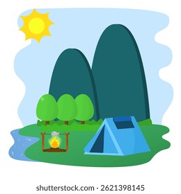 Flat illustration of camping near a river with a view of the mountains. summer camp. outdoor camping. outdoor recreation.