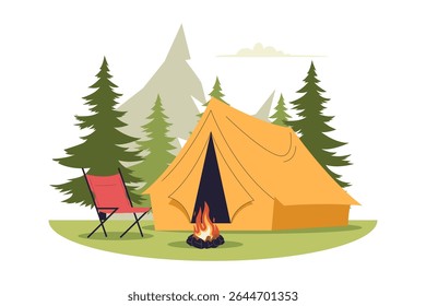 Flat Illustration of Camping Tent and Campfire in Pine Forest. Illustrations for websites, landing pages, mobile apps, posters and banners