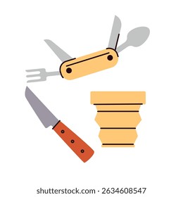 Flat illustration of camping utensils including a folding multi-tool with knife, fork and spoon, a fixed blade knife, and a collapsible cup. Represents essential gear for outdoor cooking and meals.
