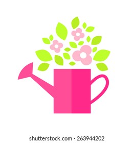 Flat illustration of can with bouquet of pink flowers and green leaves