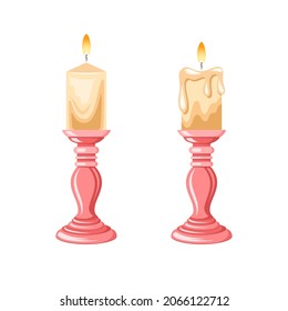 Flat illustration of candle in a candlestick on white background. Image made in yellow and coral colors. Idea for a poster, sticker, postcard, book, web design and so on.