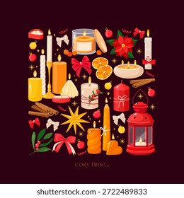 Flat Illustration of Candle Collection in Various Sizes and Shapes with Festive Decorations and Seasonal Elements Arranged in Square Composition on Dark Plum Background, Elegant Holiday Design.
