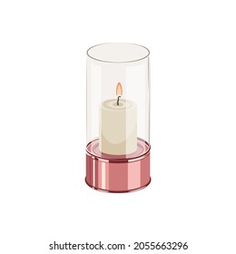 Flat illustration of candle in glass candlestick on white background. Lower part is made in copper shades, upper one is transparent. Idea for a poster, sticker, postcard, book, web design and so on.
